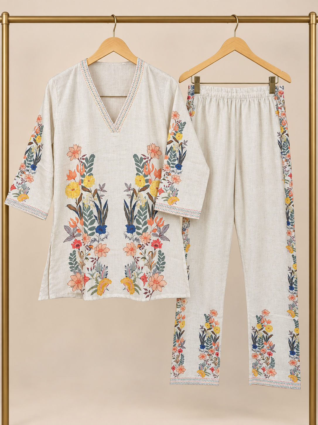 Ivory Botanical Print Khadi Cotton Co-ord Set