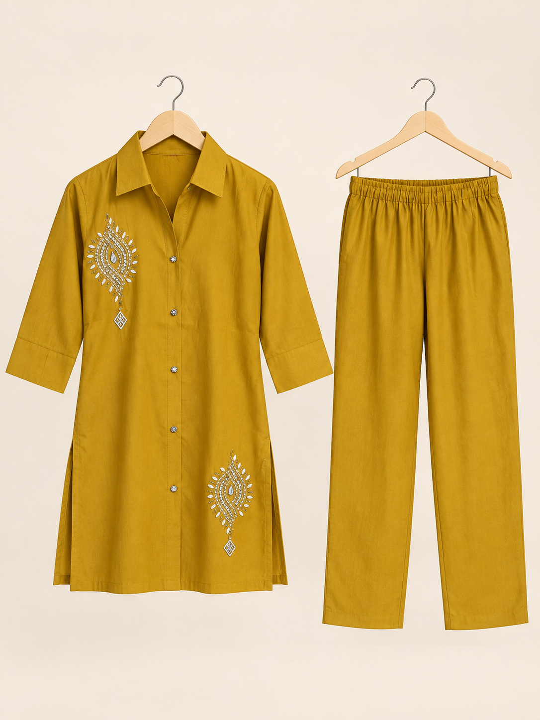 Mustard Beadwork Muslin Co-ord Set