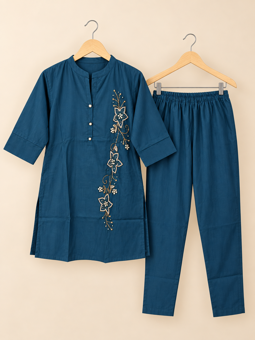 Teal Blue Floral Pearlwork Muslin Co-ord Set