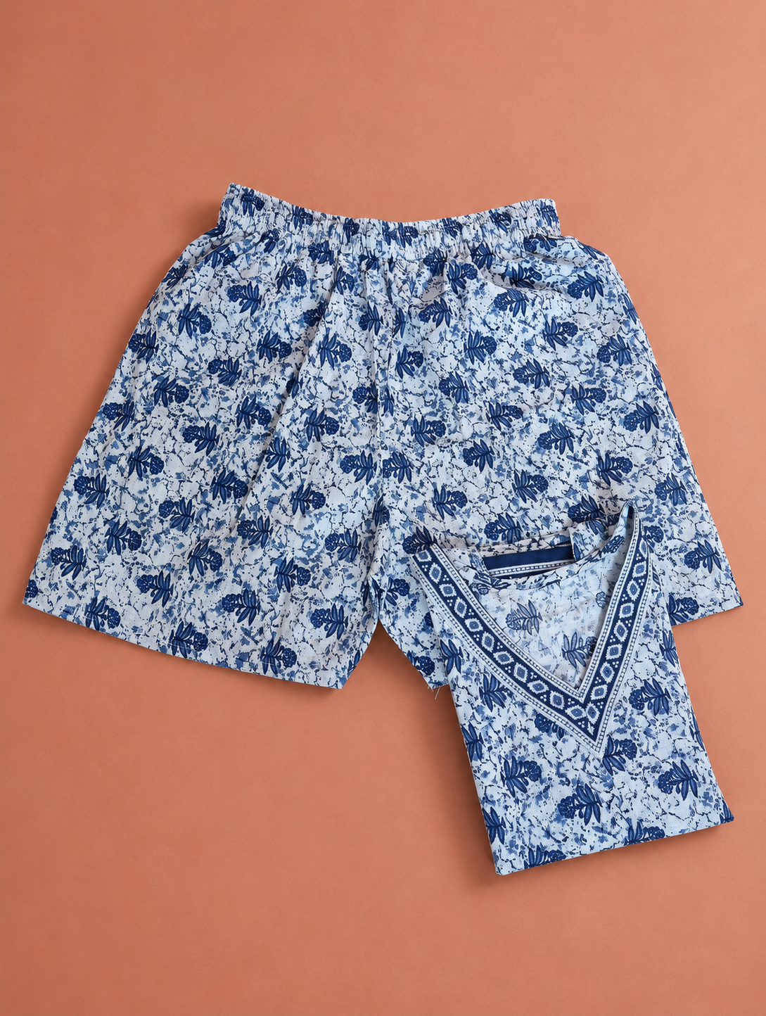 Blue Floral Printed Cotton Top with Shorts Set