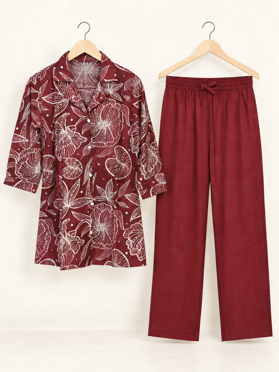 Wine Floral Print Shirt Co-ord Set