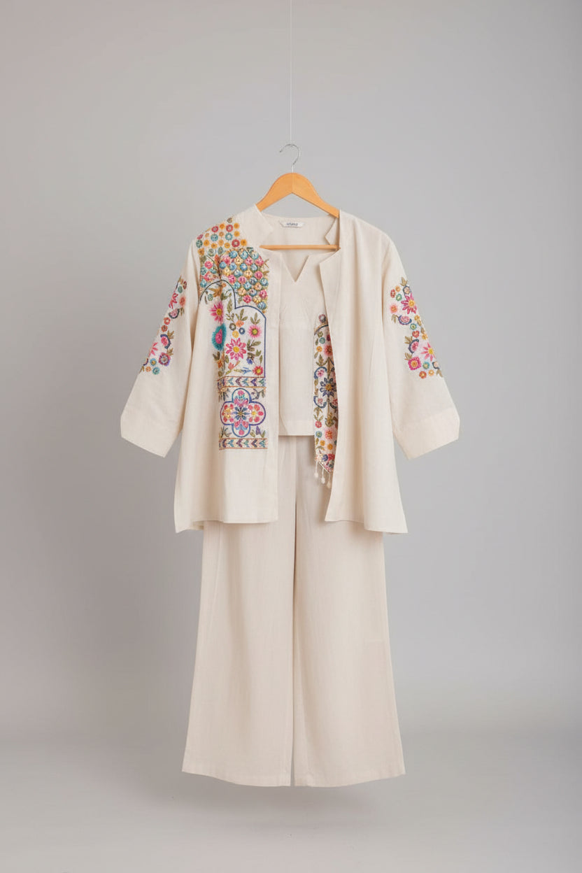 Ivory Floral Embroidered 3-Piece Co-ord Set