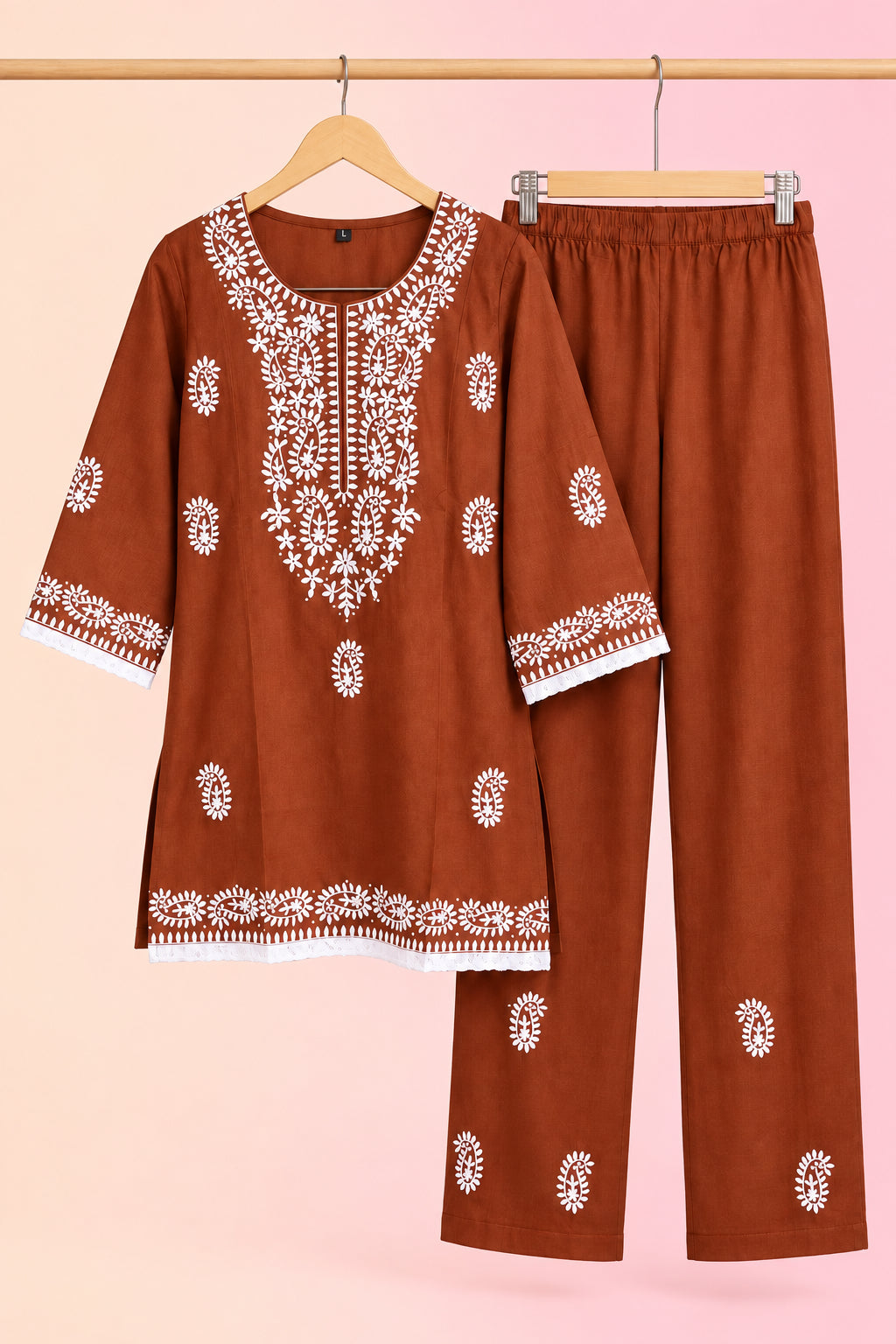Rust Chikankari Style Embroidered Cotton Co-ord Set