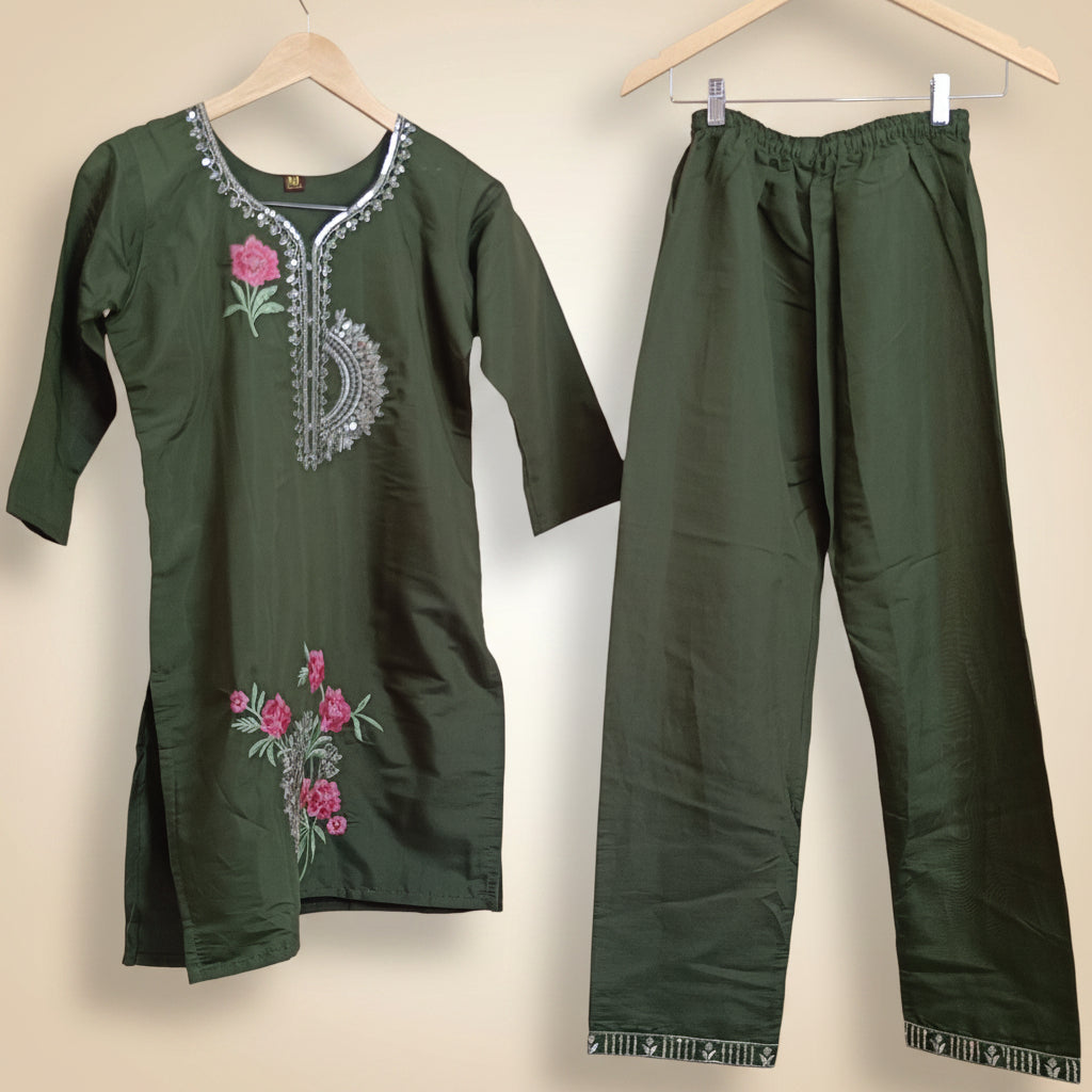 Olive Green Floral Embroidery Co-ord Set