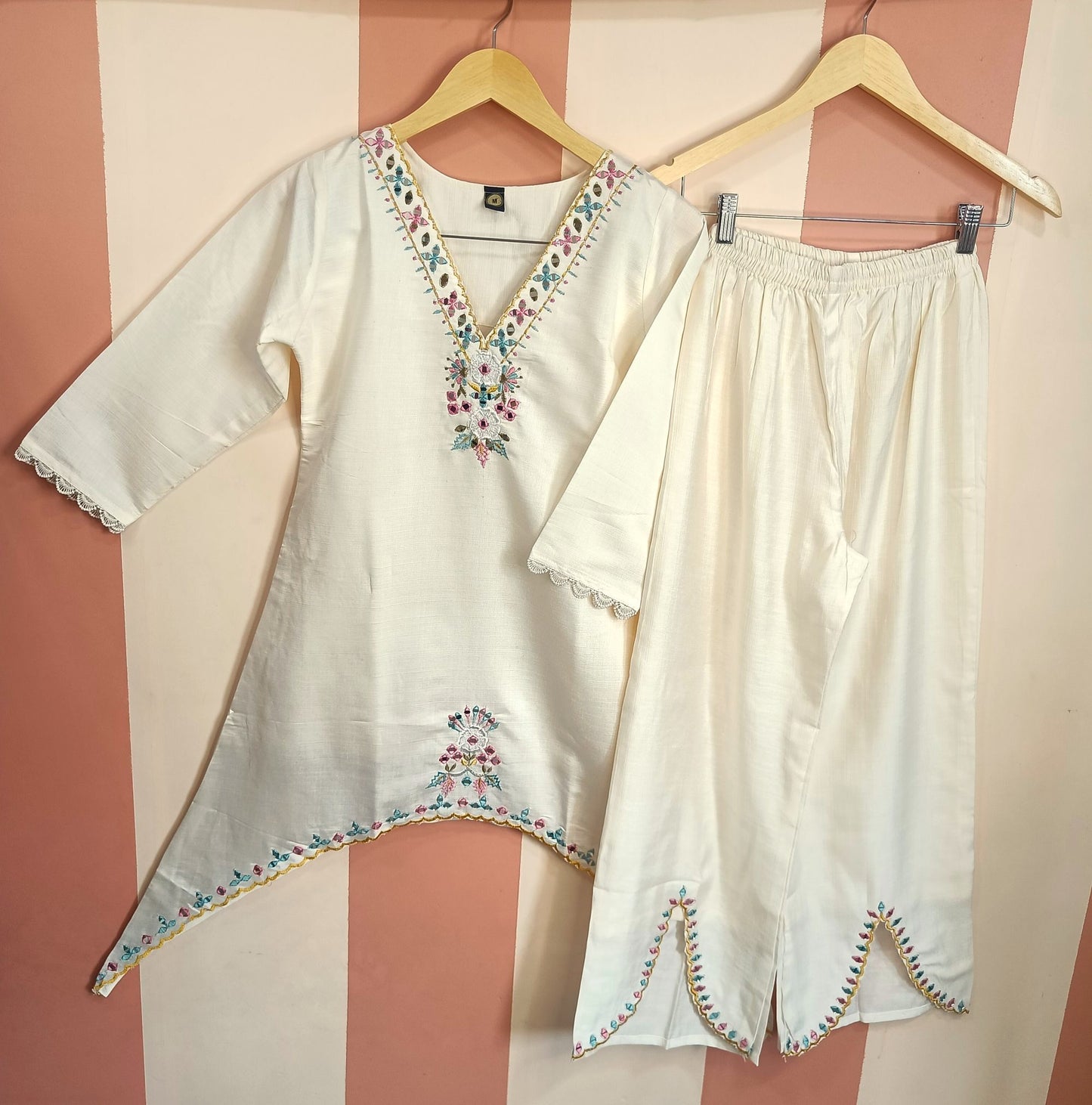 Ivory or Off-White Floral Embroidered Co-ord Set