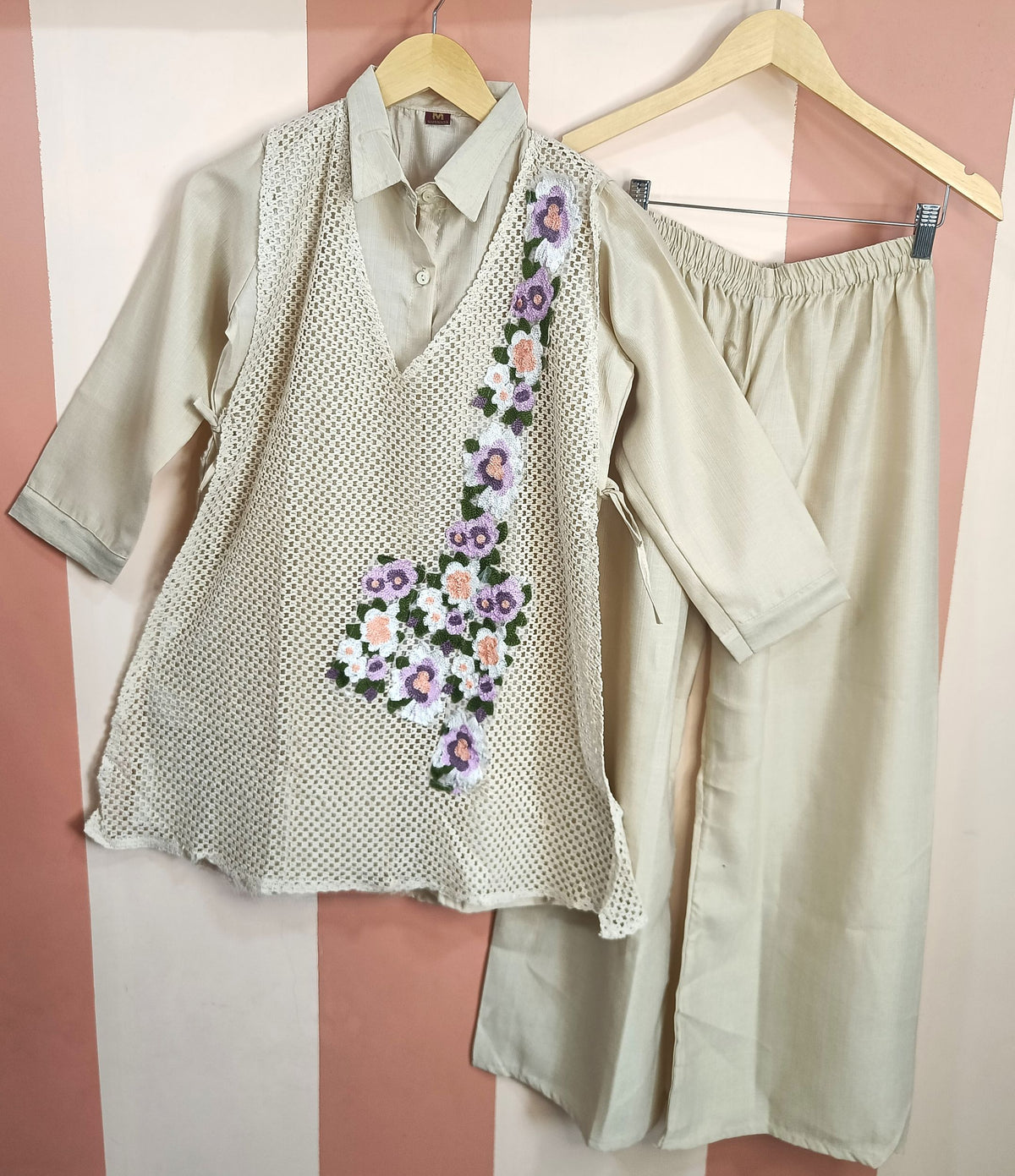 Ivory Floral Crochet Layered Cotton Co-ord Set