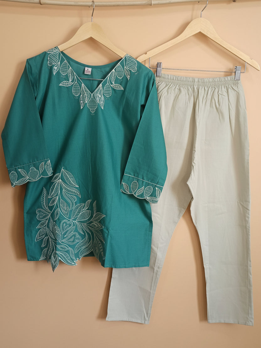 Teal Green Leaf Embroidered Co-ord (cord) Set