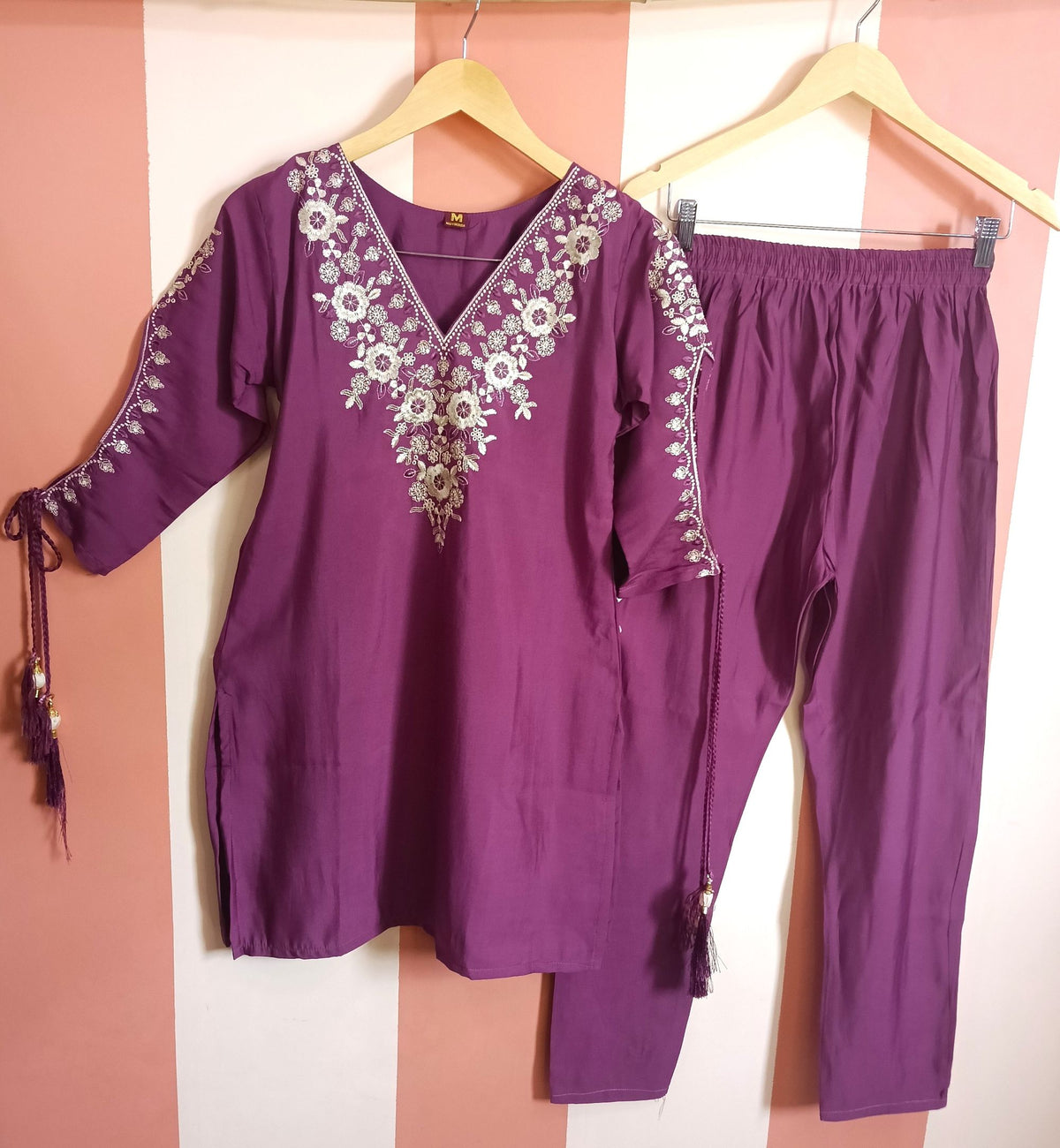 Wine Purple Floral Embroidered Co-ord Set