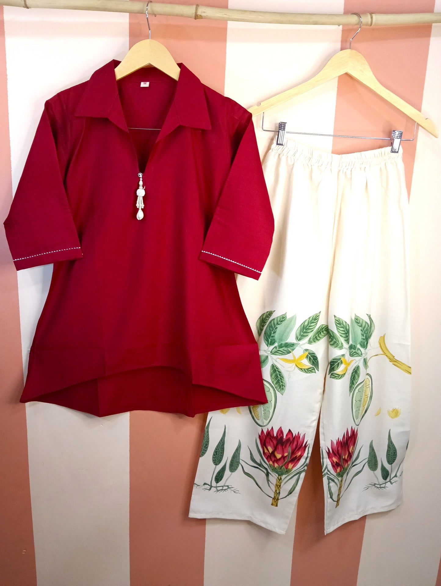 Maroon and Off-White, Printed bottom Vertical Silk Cord set
