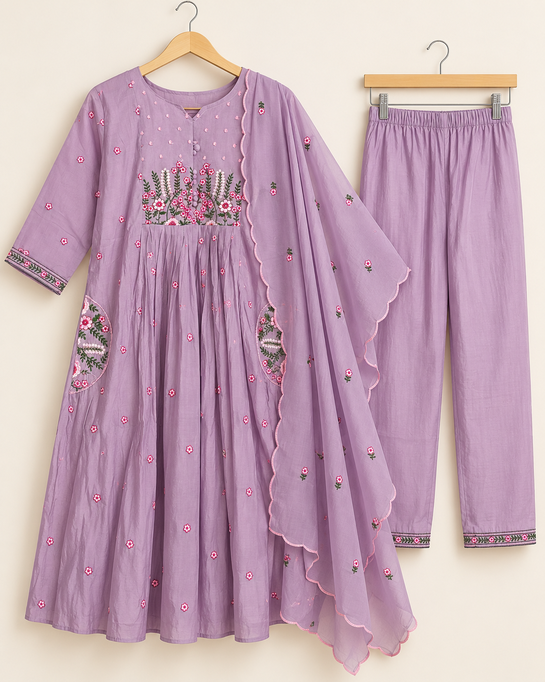Lavender Floral Embroidered 3-Piece Set