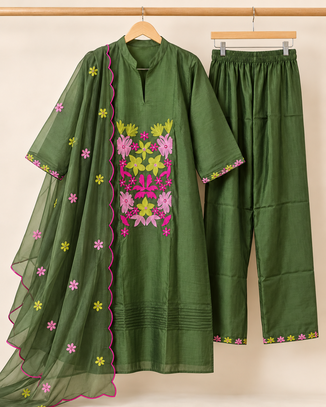 Bottle Green Floral Embroidered Kurta Set with Dupatta