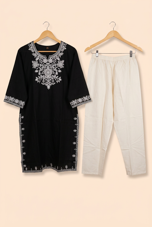 Black Floral Embroidered Kurta Co-ord Set