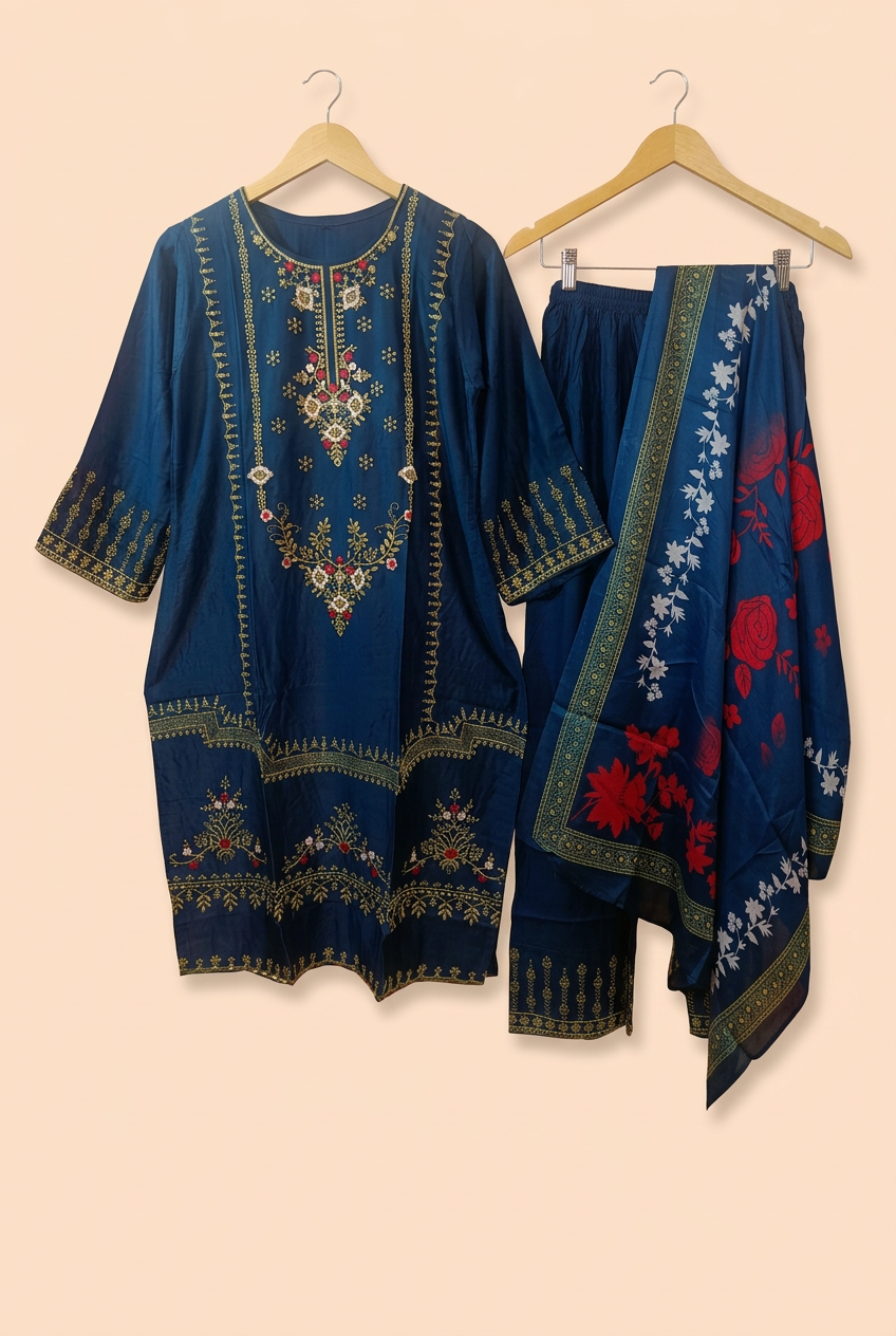 Gold Embroidered Kurta Set with Dupatta – Bottle Green, Peacock Blue, Wine, Plum