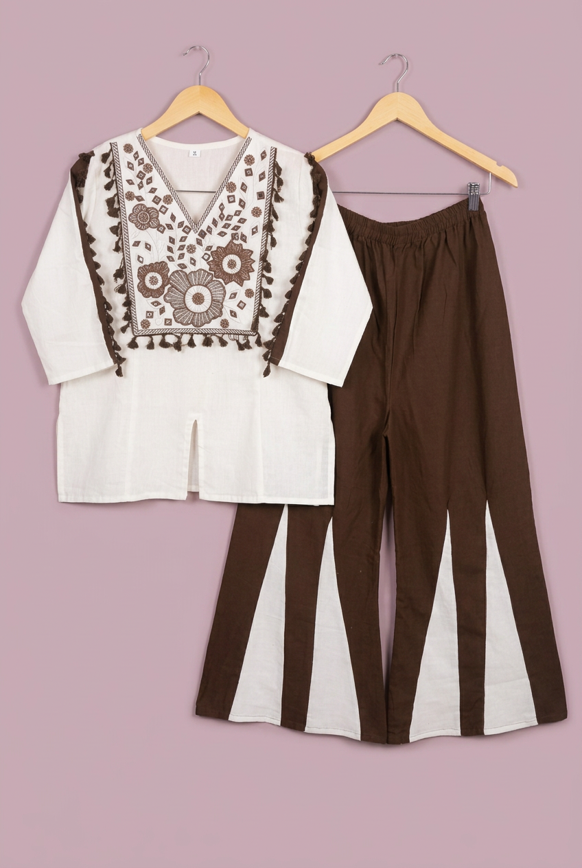 Beige and Coffee, Khadi Cotton Embroidered Cord Set