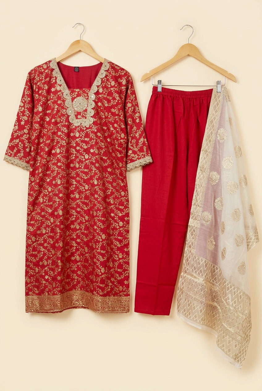 Dark Red Zari Brocade 3-Piece Set