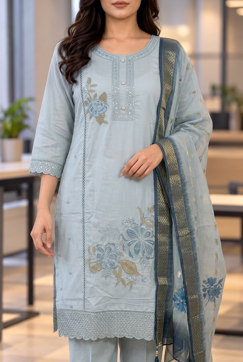 Pastel Floral Mul Chanderi 3-Piece Set-Powder Blue, Sage Green and Dusty Lavender