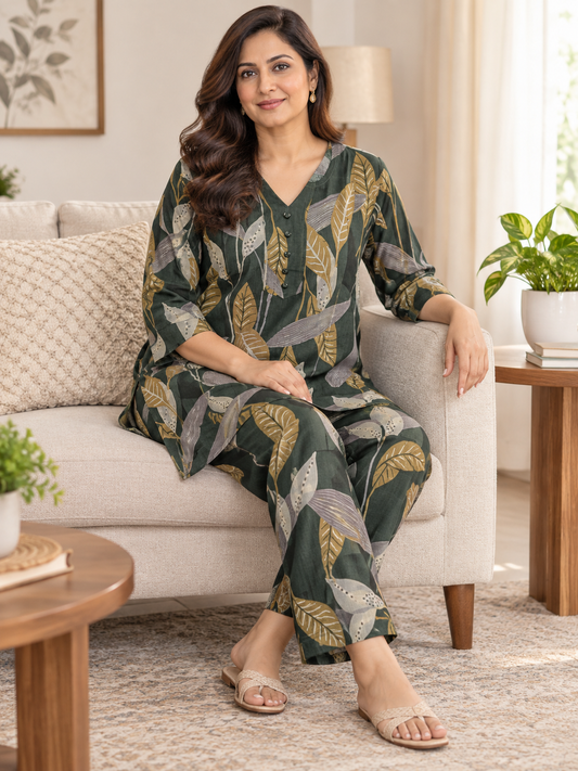 Forest Green Leaf Print Vatican Co-ord Set