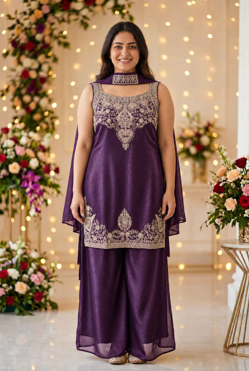 Plum purple Fendy Silk sleeveless kurta with antique gold embroidery, displayed on a hanger with matching palazzo pants