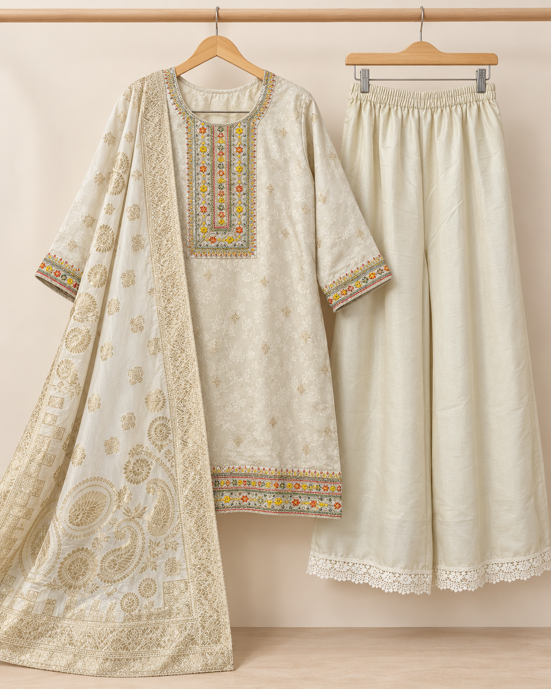 Ivory Gold Embroidered Kurta Palazzo Set with Dupatta