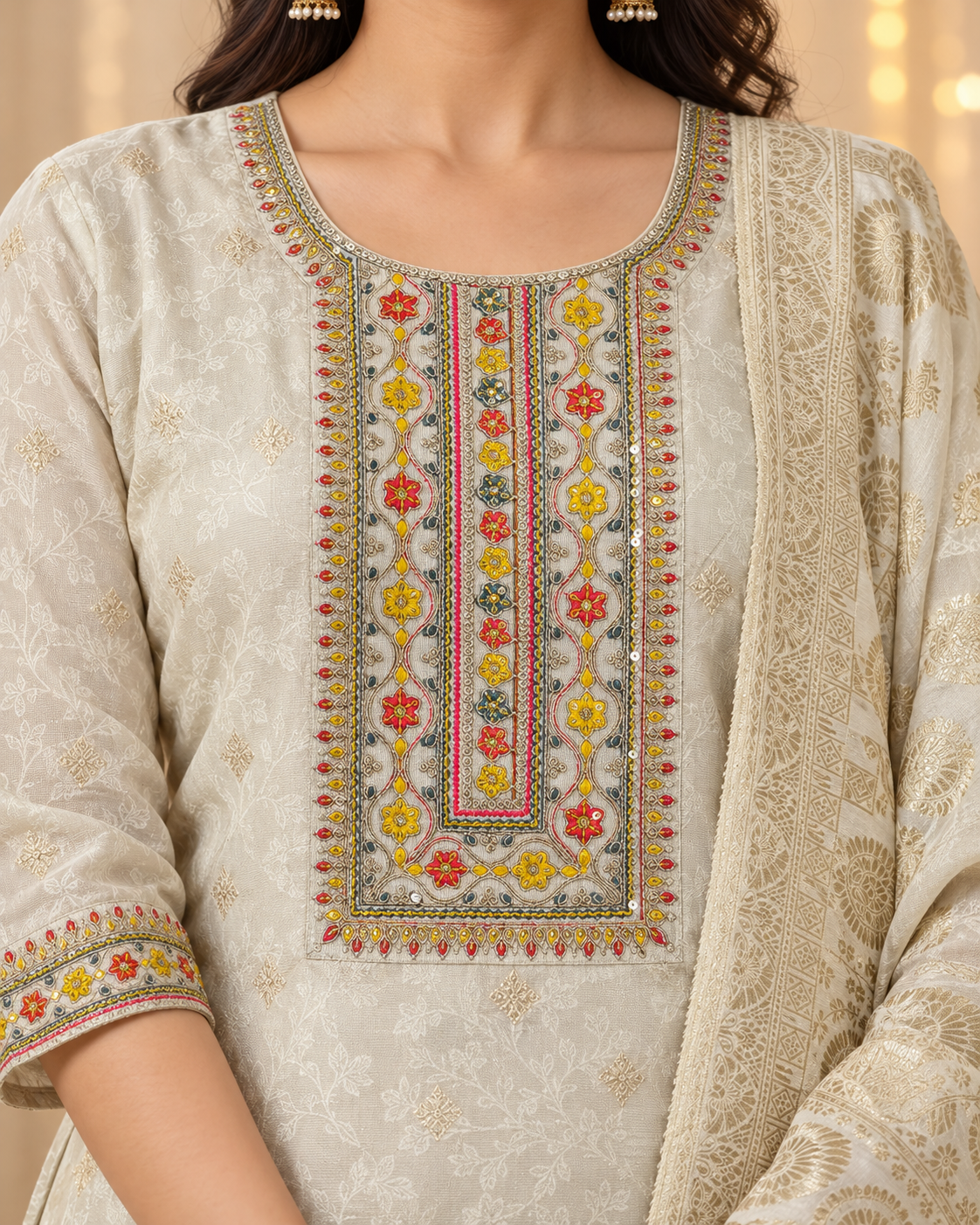 Ivory Gold Embroidered Kurta Palazzo Set with Dupatta