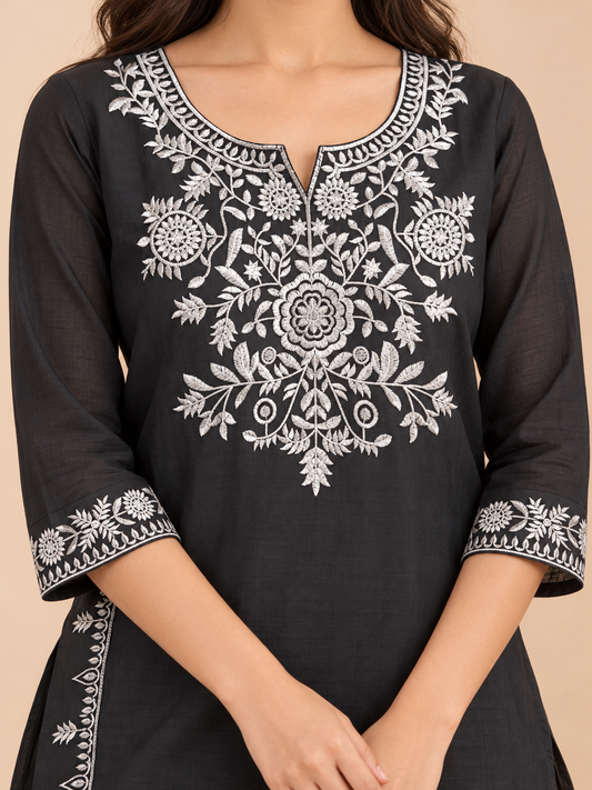 Black Floral Embroidered Kurta Co-ord Set