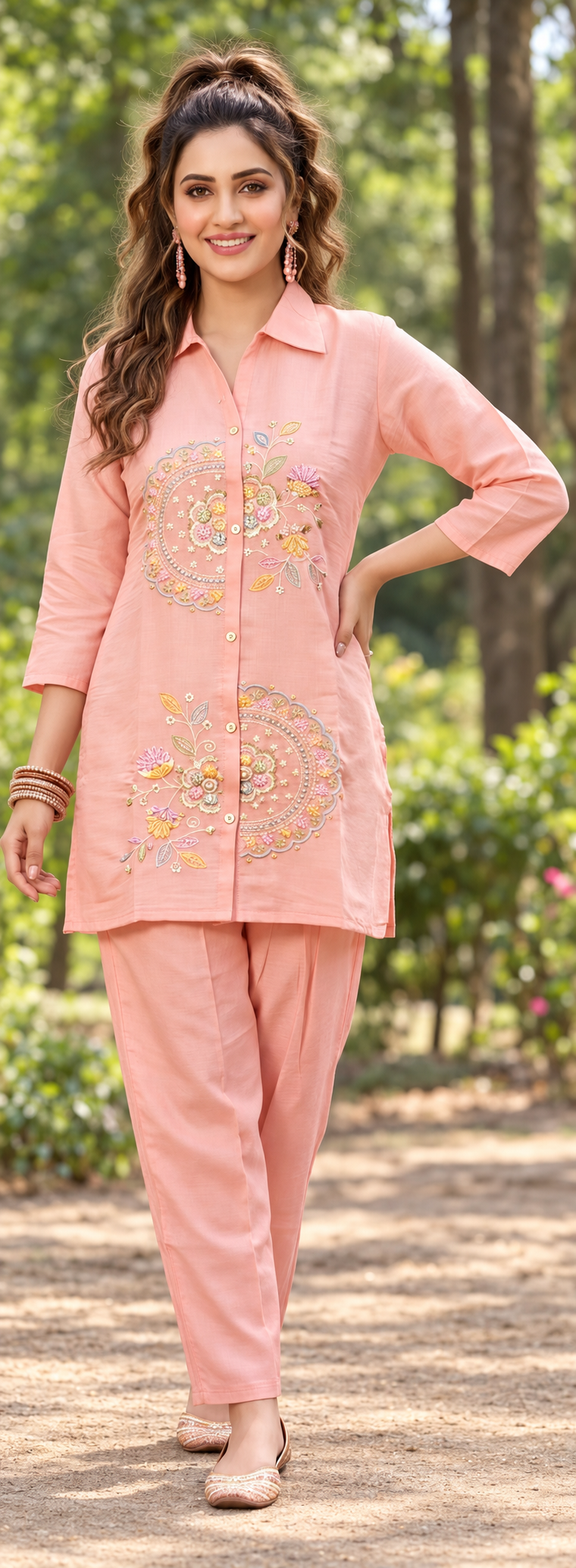 Peach Floral Beadwork Co-ord Set