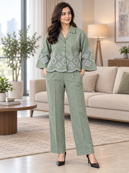 Sage green embroidered western co-ord set with lapel-collar top and matching straight-fit trousers.