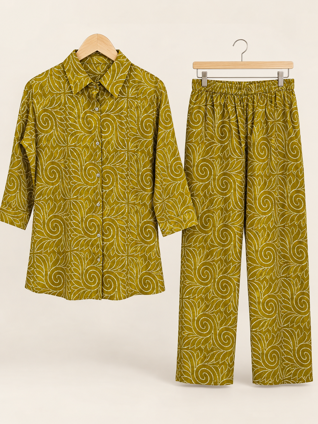 Olive Green Bandhani Print Shirt Co-ord Set