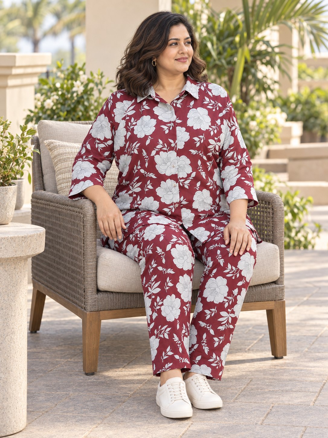 Maroon White Floral Print Co-ord Set
