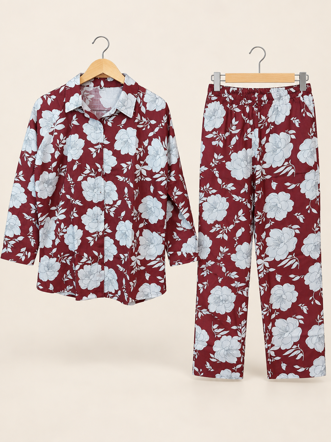 Maroon White Floral Print Co-ord Set