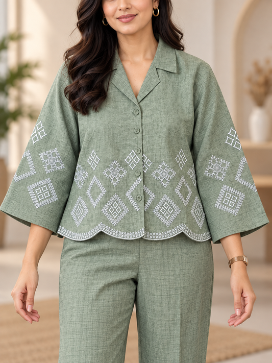Sage Green Embroidered Western Co-ord Set