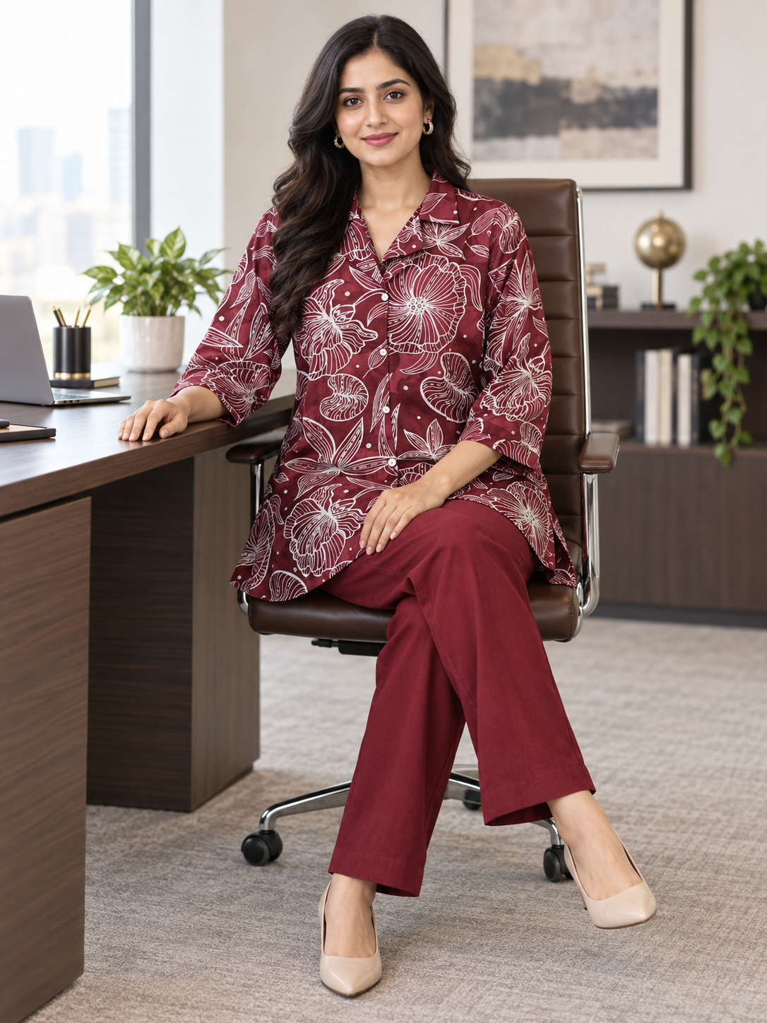 Wine Floral Print Shirt Co-ord Set