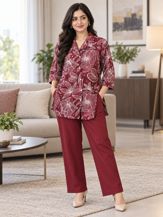 Wine floral-print women’s co-ord set with a collared button-down shirt and matching solid straight-fit trousers.