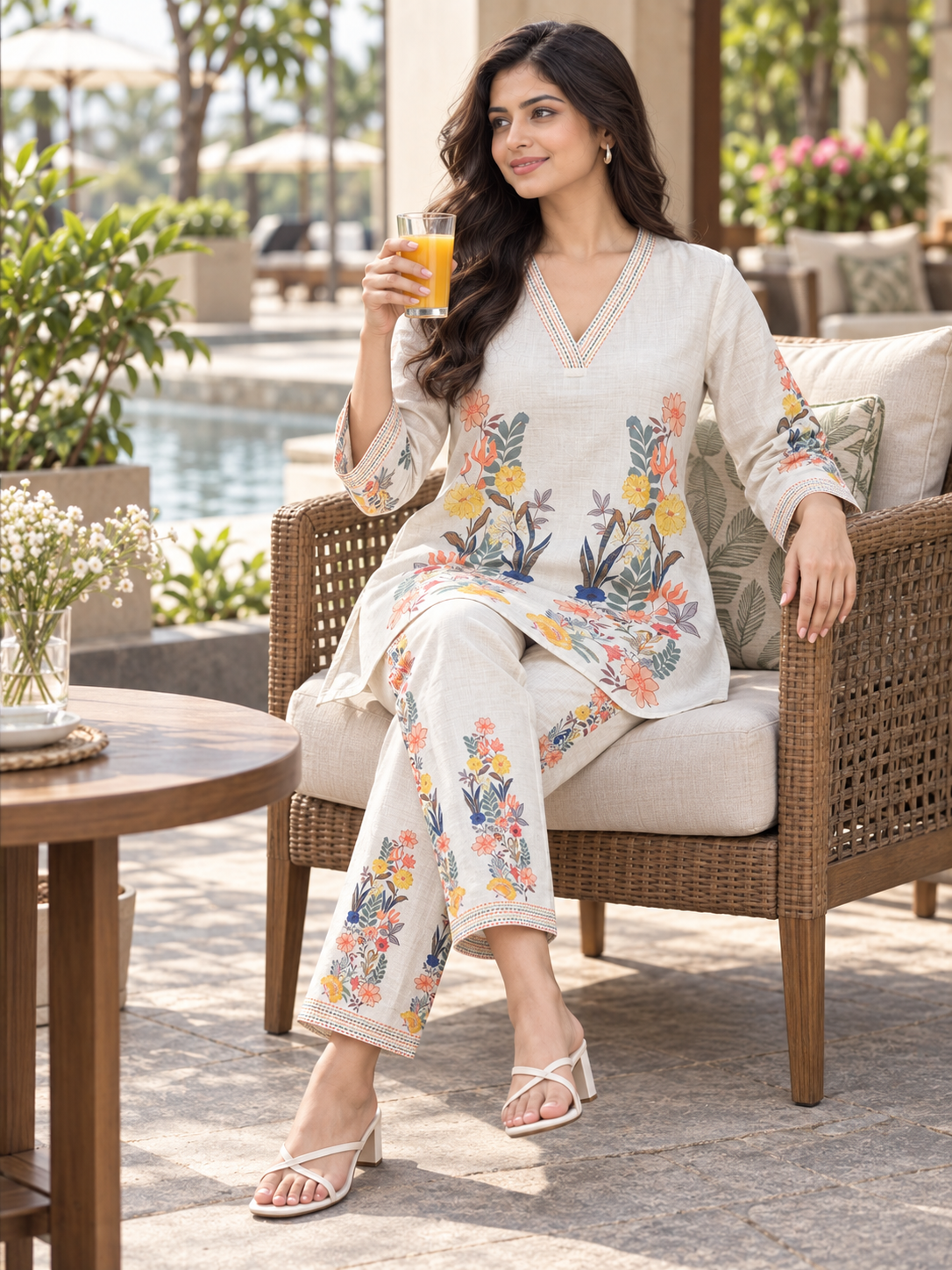 Ivory Botanical Print Khadi Cotton Co-ord Set