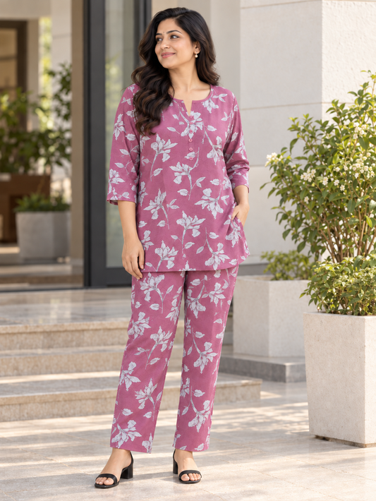 Dusty rose pink floral-print cotton flex co-ord set for women with a button-detail straight top and matching pants.