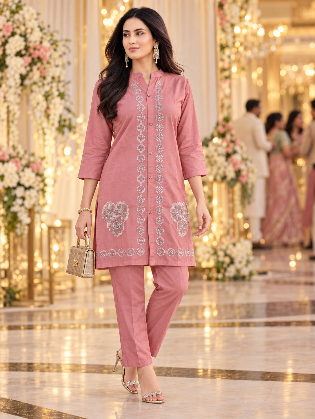 Dusty rose Cotton Matty co-ord set for women with beadwork embroidery, floral patch pockets, button-down top and straight-fit trousers.