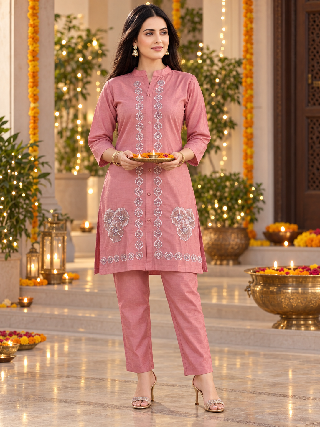 Dusty Rose Beadwork Cotton Matty Co-ord Set