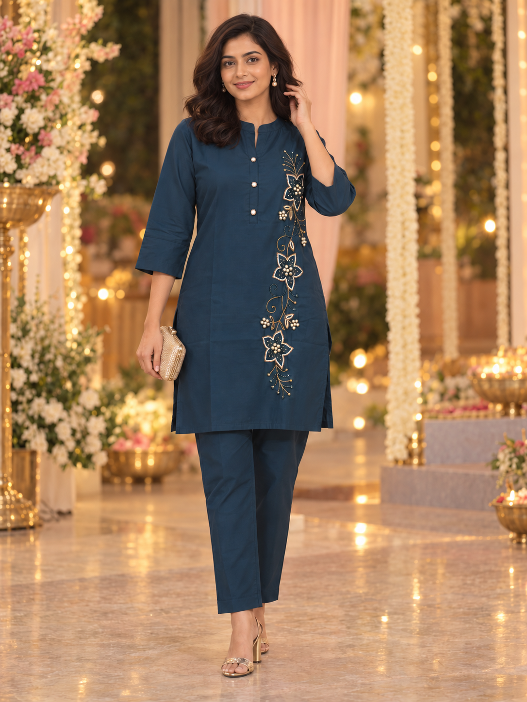 Teal-blue muslin co-ord set for women with floral pearlwork, a band-collar button-down top and matching straight-fit trousers.