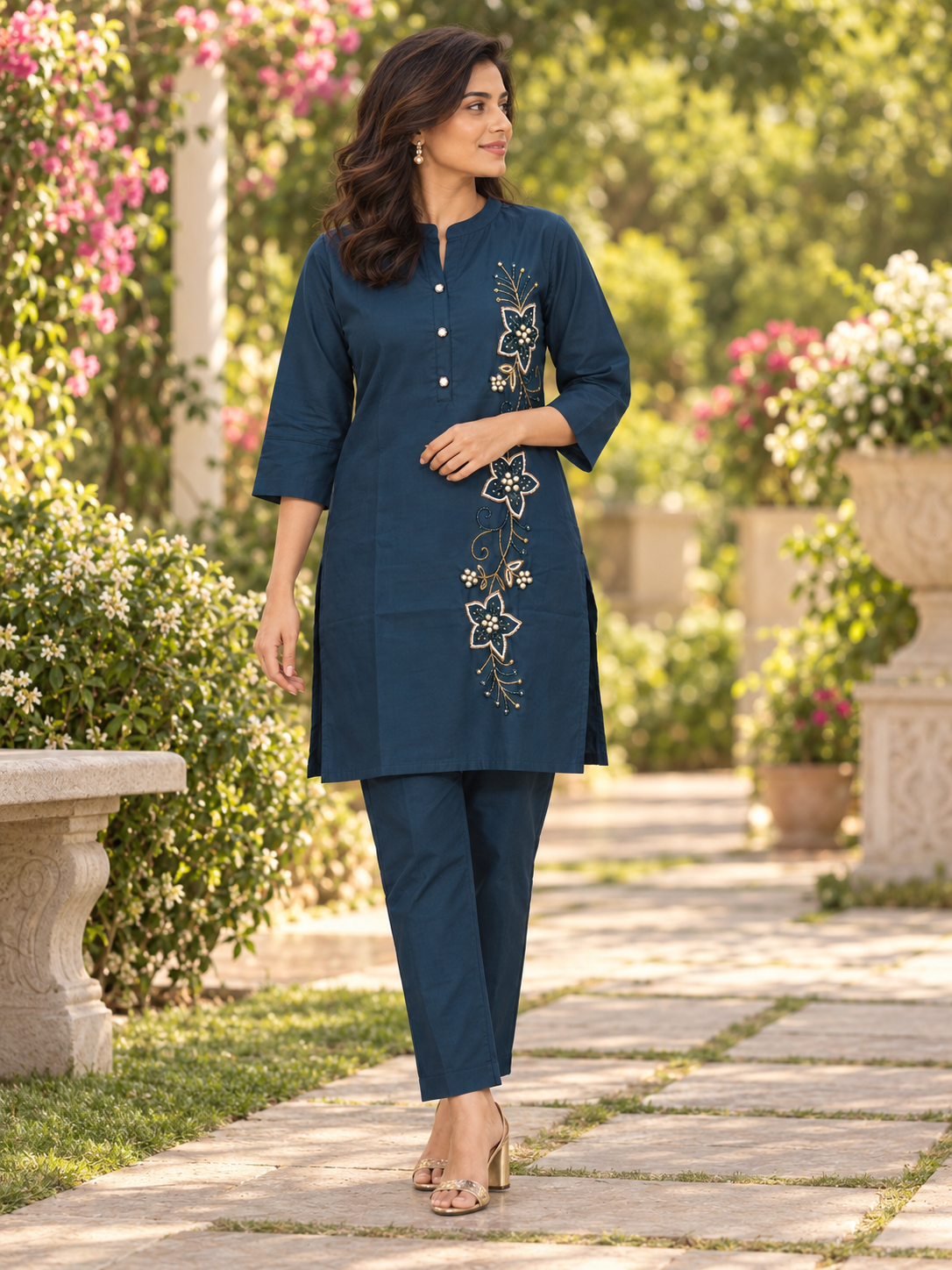 Teal Blue Floral Pearlwork Muslin Co-ord Set