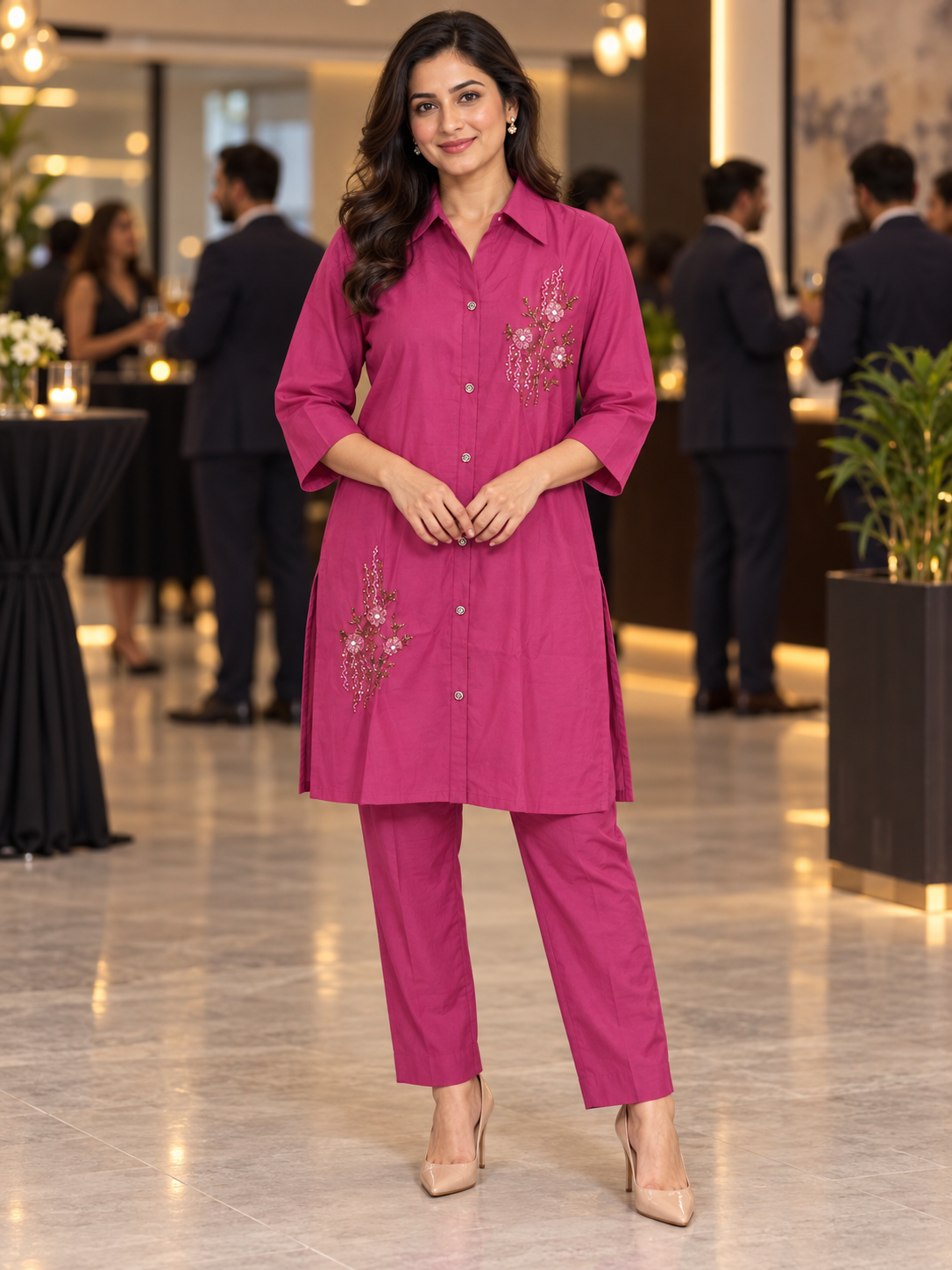 Rani pink muslin co-ord set for women with floral beadwork, pearl detailing, collared button-down top and matching straight-fit trousers.