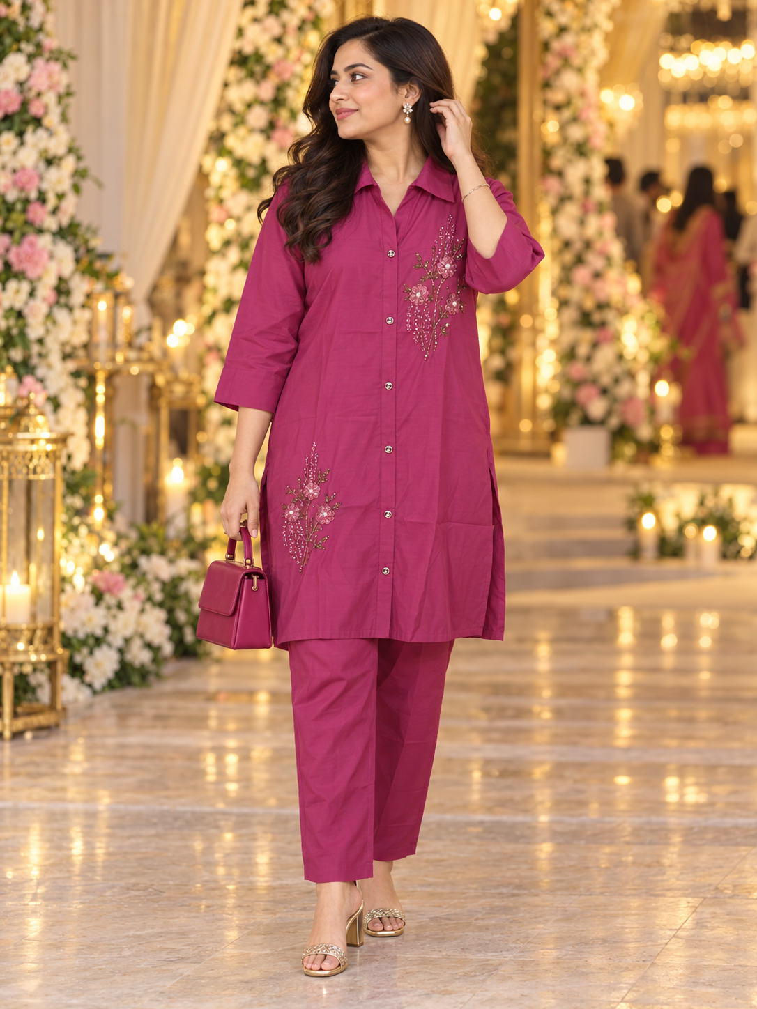 Rani Pink Beadwork Muslin Co-ord Set