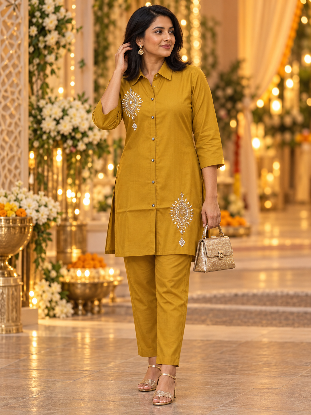 Mustard Beadwork Muslin Co-ord Set