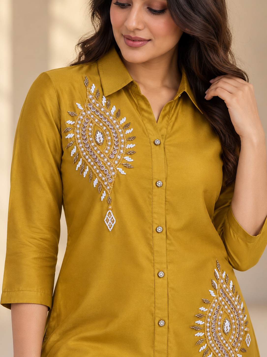 Mustard Beadwork Muslin Co-ord Set