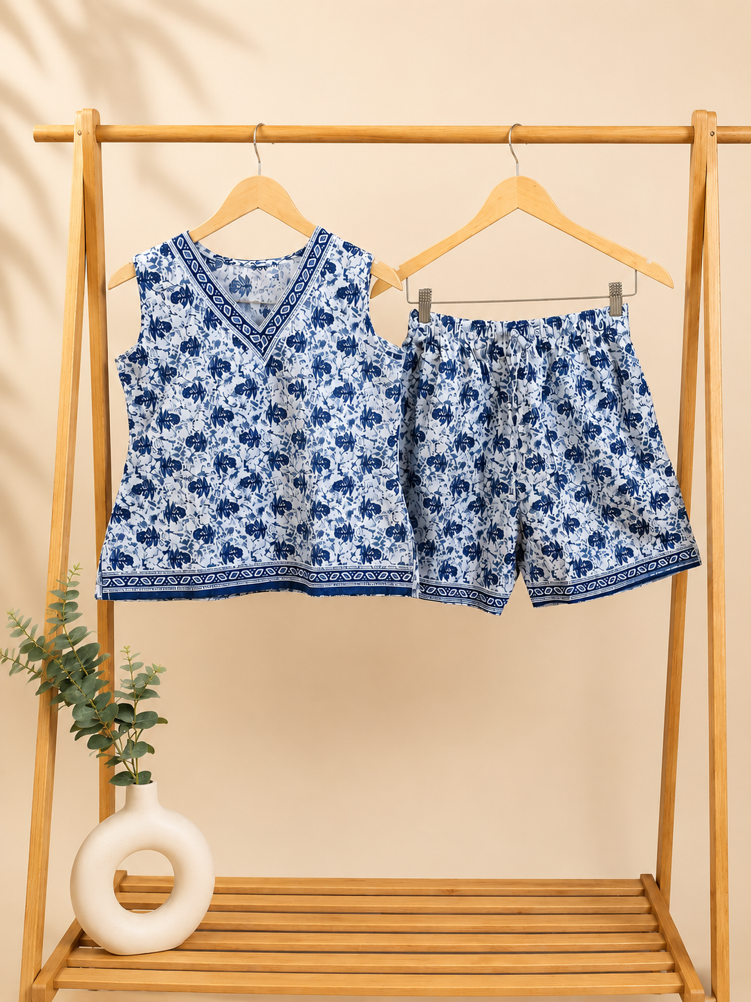 Blue Floral Printed Cotton Top with Shorts Set