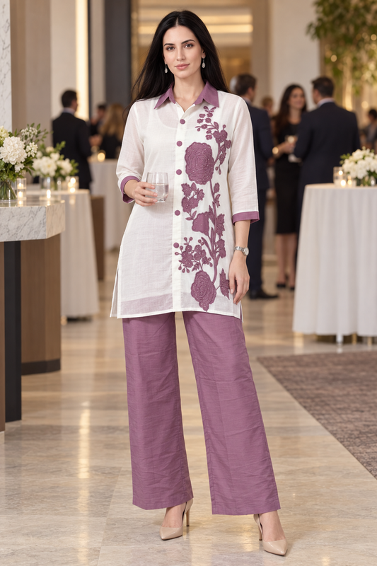 White & Purple Floral Embellished Co-ord Set