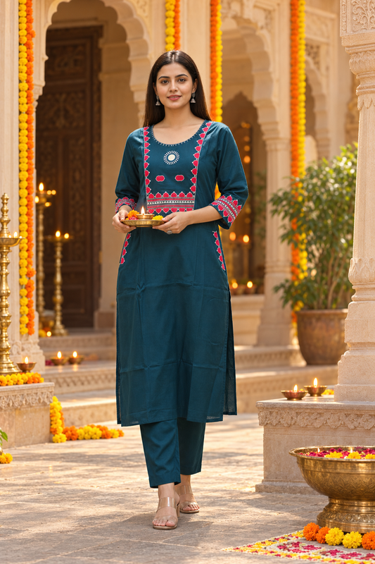 Teal Blue Mirror Embroidered Co-ord Set