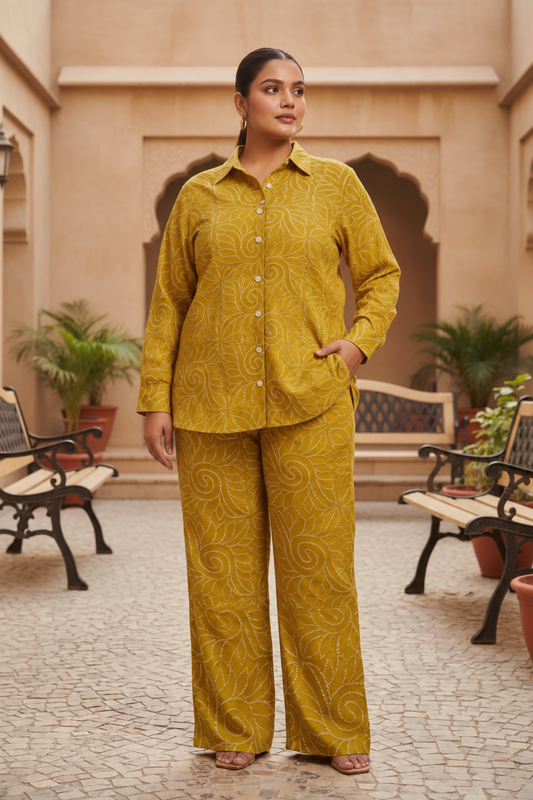 Olive Green Bandhani Print Shirt Co-ord Set