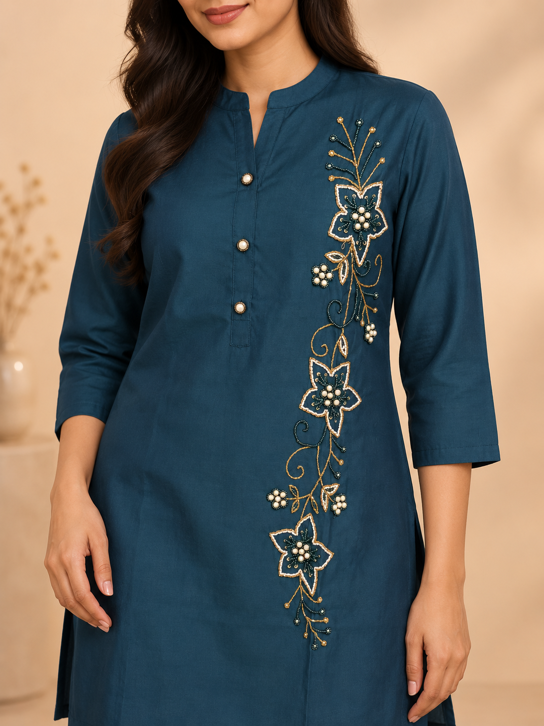 Teal Blue Floral Pearlwork Muslin Co-ord Set