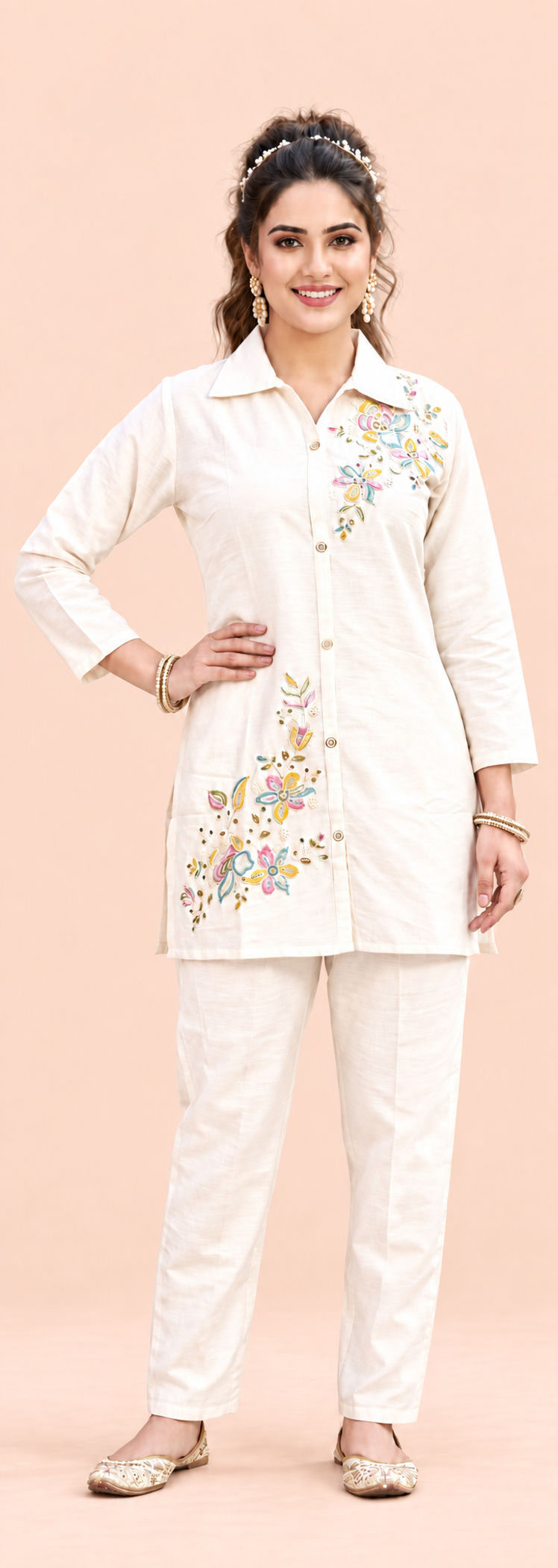 Ivory Floral Beadwork Mul Chanderi Co-ord Set
