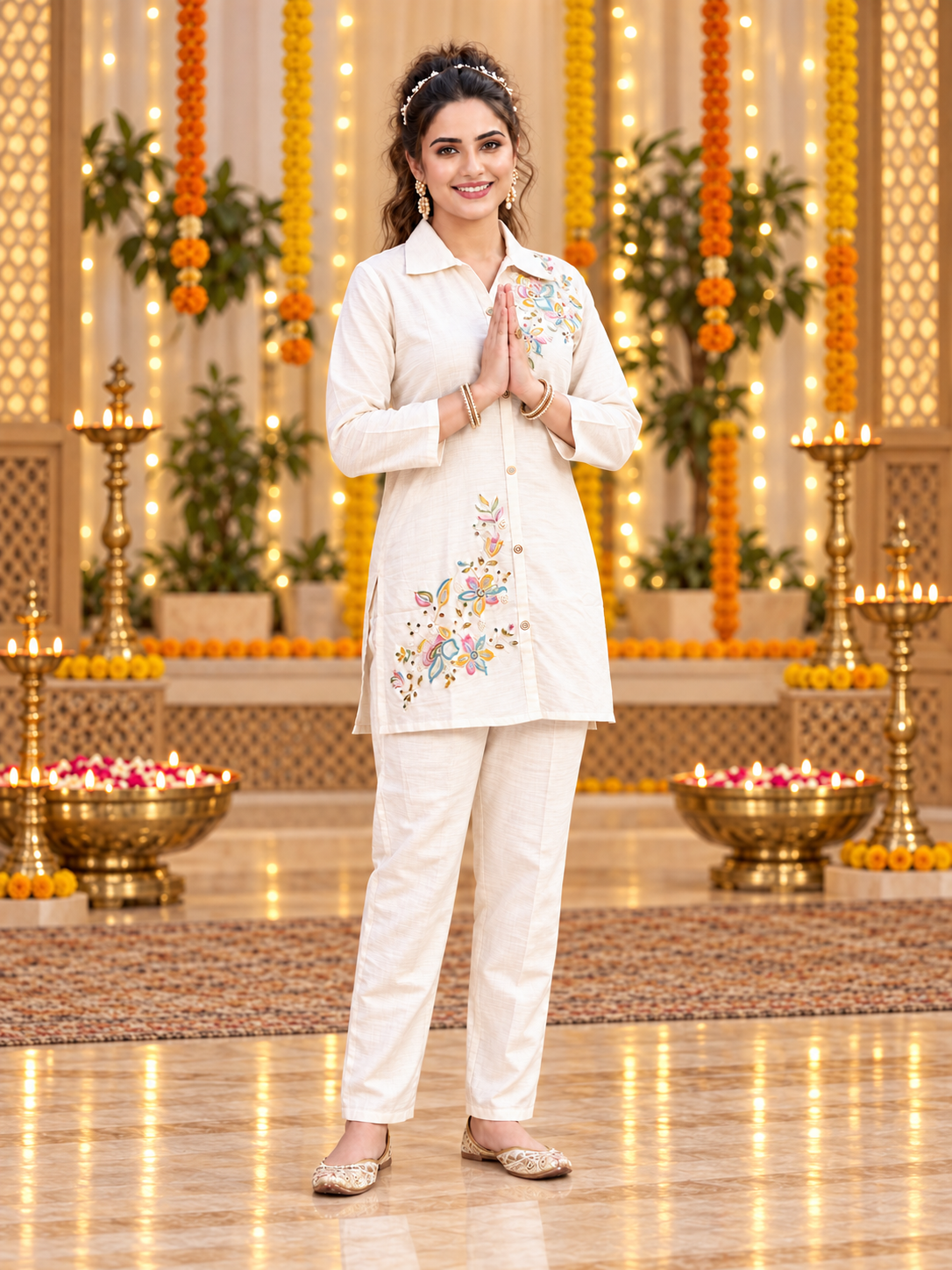 Ivory Floral Beadwork Mul Chanderi Co-ord Set